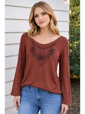 Faded Glory Rusty Nail Brown Embroidered Top Juniors XXL 20